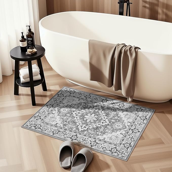 Lofus 2x3 Washable Rug for Entryway Bathroom, Non Slip Kitchen Mats for Floor, Vintage Soft Door Mat Indoor Entrance, Small Area Rugs, Farmhouse Carpet for Entry Living Room Bedroom, Floral Grey