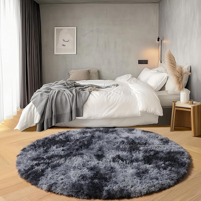 ONASAR Round Rugs 6ft for Living Room Bedroom, Tie-Dyed Dark Grey Fluffy Circle Area Rug for Kids Girls Boys Teen, Soft Plush Shaggy Carpet for Nursery Dorm Classroom Playroom Home Decor Aesthetic