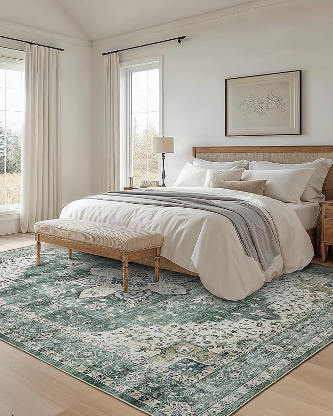AMADA HOMEFURNISHING 8x10 Area Rug, Washable Low-Profile Large Area Rug with Non-Slip Backing & Durable Edge Binding, Vintage Large Rugs for Living Room, Bedroom