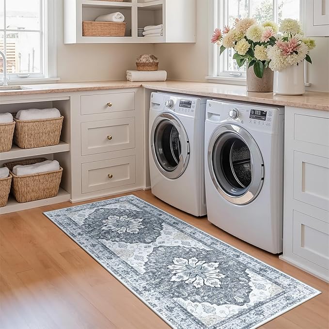 Area Rugs 2'x5' Runner Rug Non Slip Washable for Kitchen Hallway Bedroom Beside Laundry Room Bathroom Rug, Floor Carpet, Light Gray Grey White