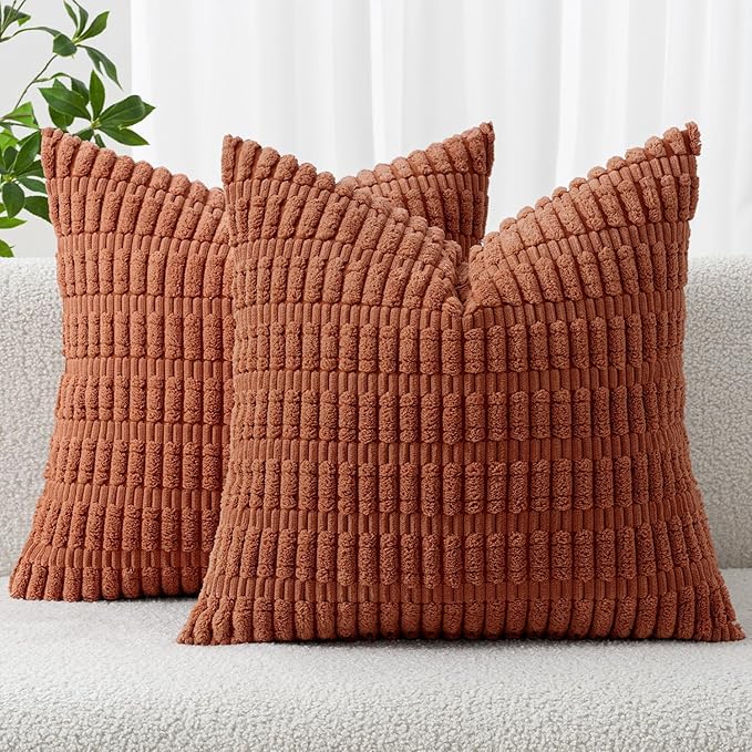 MIULEE Pack of 2 Dark Rust Corduroy Decorative Pillow Covers 18x18 Inch Soft Boho Striped Throw Pillow Covers Modern Farmhouse Home Decor for Summer Sofa Living Room Couch Bed