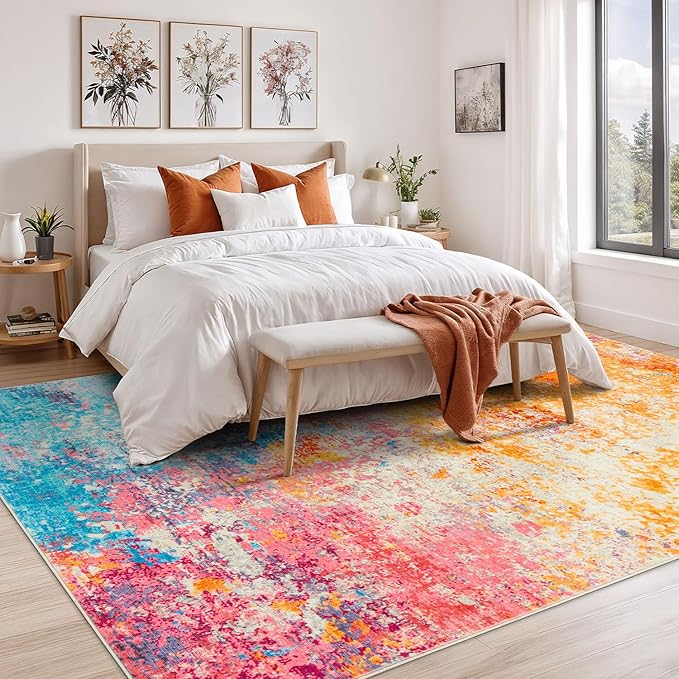 Rugflix 8x10 Area Rugs for Living Room, Washable Large Multicolor Rug Stain-Resistant Low Pile, Modern Carpet for Dining Room Home Office Kid Room Nursery Bedroom, Colorful Rainbow