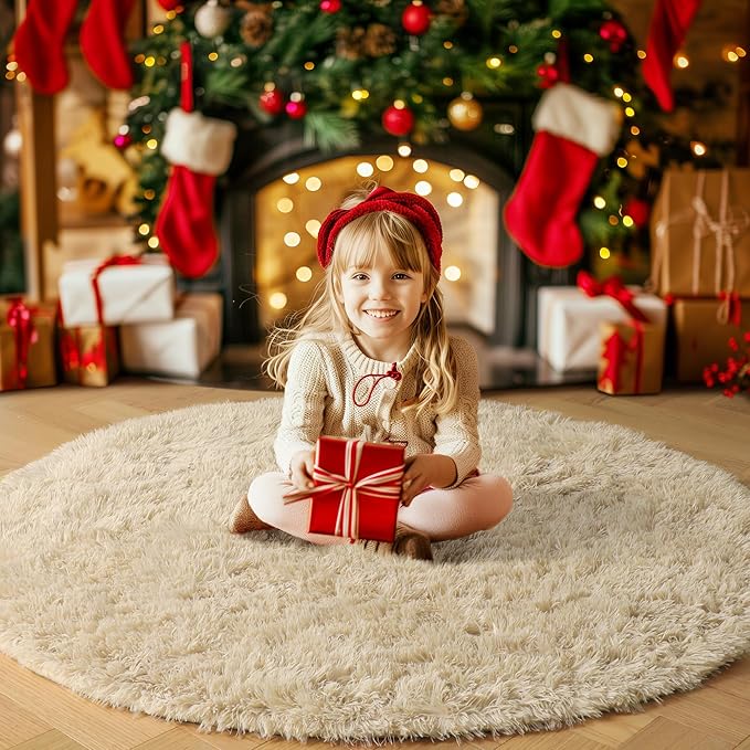 Amdrebio Beige Round Area Rug 6Ft for Living Room Bedroom, Fluffy Plush Shag Furry Circle Rugs for Kids Room Decor Aesthetic, Fuzzy Tan Neutral Circular Carpet for Baby Nursery Classroom Teens Dorm