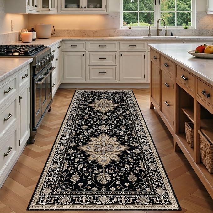 Area Rugs 3'x6' Runner Rug Non Slip Washable for Kitchen Hallway Bedroom Beside Laundry Room Bathroom Rug, Floor Carpet, Black Brown Neutral Dark Tan