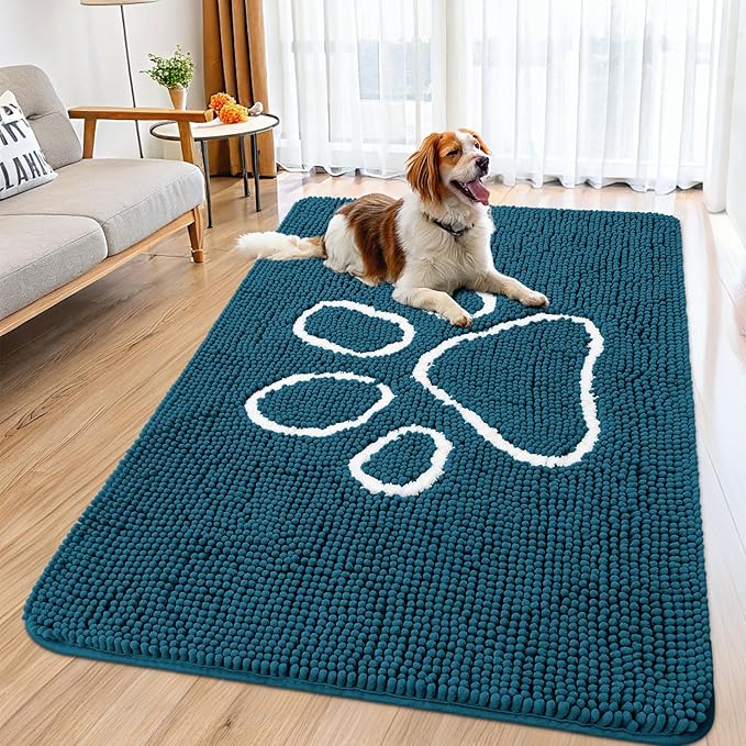 Smiry Dog Door Mat for Muddy Paws, Absorbent Dirt Trapper Non Slip Quick Dry Washable Chenille Mat for Mud Dogs, Entry Rug for Indoor and Outdoor (59x35 Inches, Atlantic Blue and White)