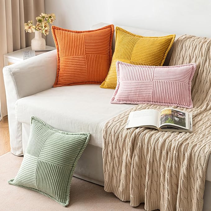MIULEE Spring Decorative Lumbar Throw Pillow Covers for Couch Bed Livingroom 12x20 Inch Set of 2 Pink Boho Accent Throw Pllows Broadside Striped Patchwork Soft Corduroy Pillowcases Valentine Decor