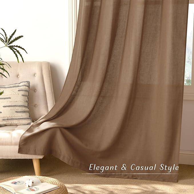 NICETOWN Gold Brown Linen Curtains for Kitchen, Thick Flax Small Window Treatments Semi Sheer Privacy Assured with Light Through for Cafe/Bathroom, W55 x L84, 2 Panels