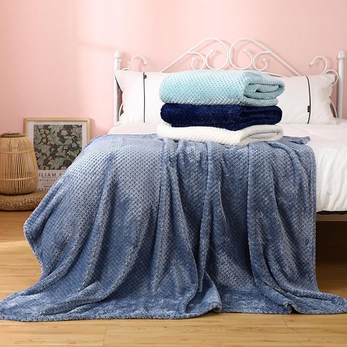 Newwiee 4 Pcs Flanne Fleece Throw Blanket for Bed Couch Large 3D Waffle Textured Soft Blanket Winter Warm Lightweight No Shedding No Pilling Decorative Throw, 50x60 Inch(Gradient Blue)