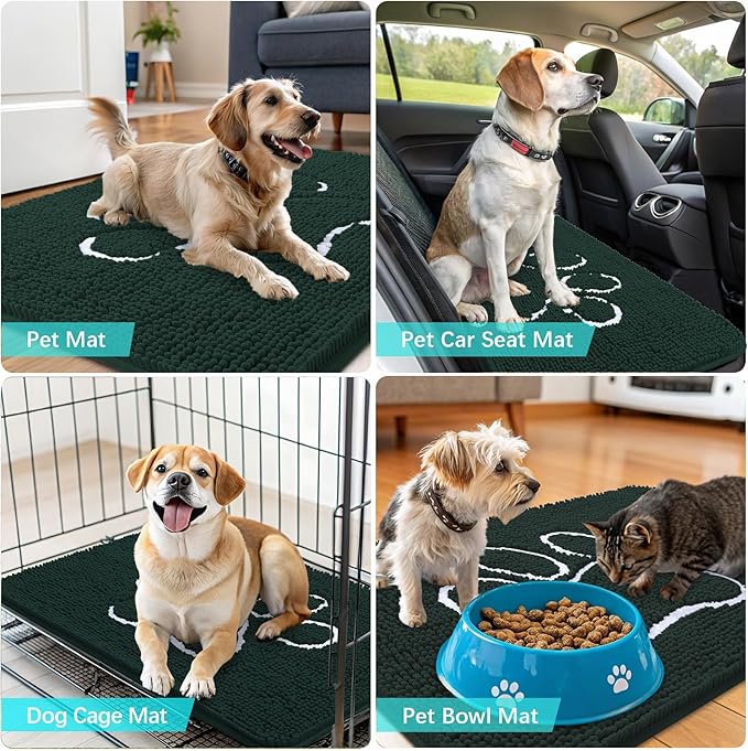 OLANLY Dog Door Mat for Muddy Paws 48x30, Paw Print Design, Absorbs Moisture and Dirt, Absorbent Non-Slip Washable Doormat, Quick Dry Chenille Mud Mat, Entry Indoor Entryway Carpet, Blackish Green