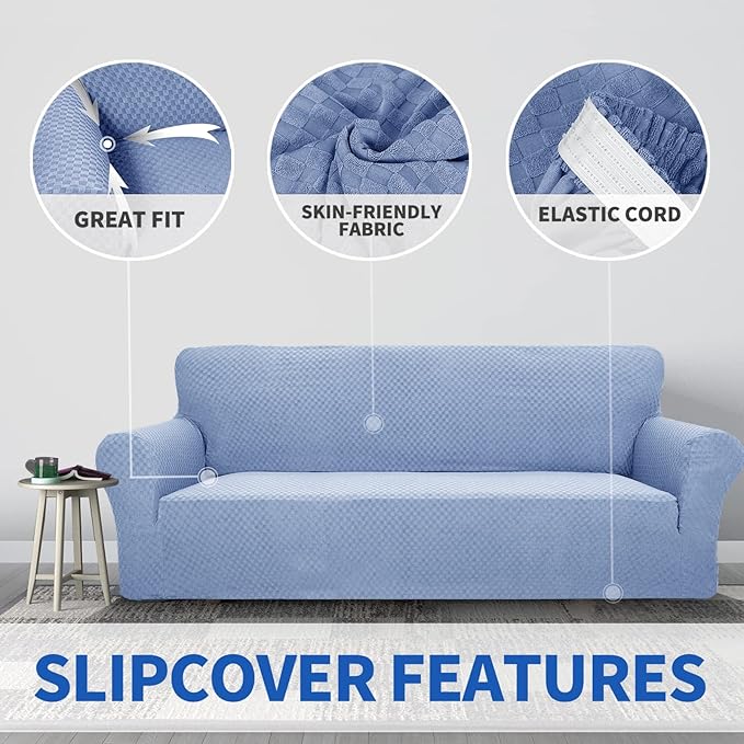 ZNSAYOTX 1 Piece Jacquard Couch Covers for 2 Cushion Couch High Stretch Loveseat Slipcover for Pets Dogs Anti Slip Love Seat Sofa Slipcover Furniture Protector (Medium, Light Blue)