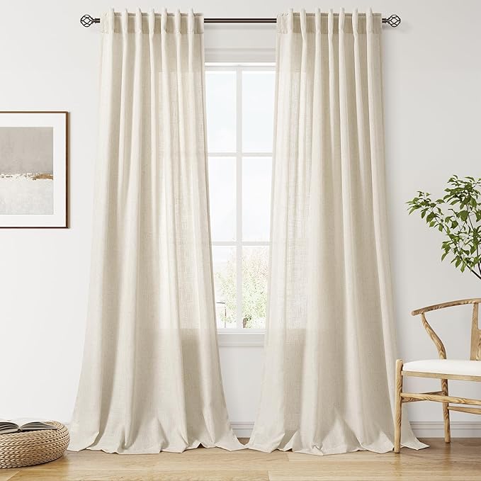 Nanspring Vanilla Curtains 90 Inches Long for Living Room Linen Light Filtering Semi Sheer Curtain Back Tab Rod Pocket Modern Farmhouse Decor Elegant Coastal Drapes for Bedroom 52x90, 2 Panels