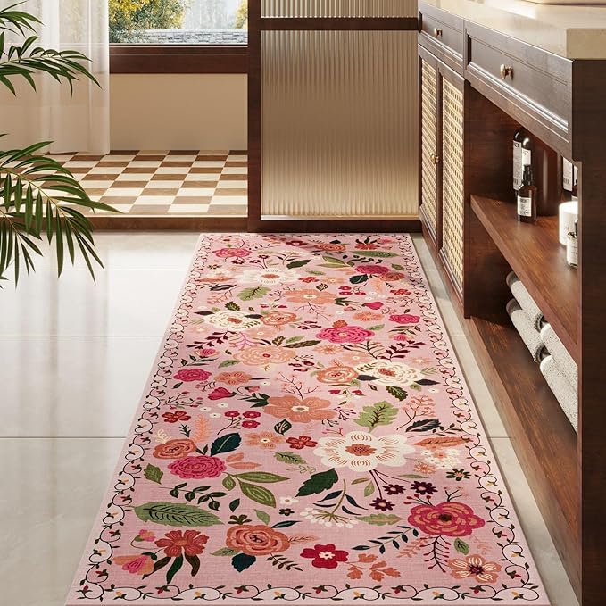 Rugcomf 2x5 Rug Runner - Floral Machine Washable Kitchen Rug, Non-Slip Low Pile Boho Carpet for Hallways, Laundry, Entryway, Bedroom, Bathroom - Pink