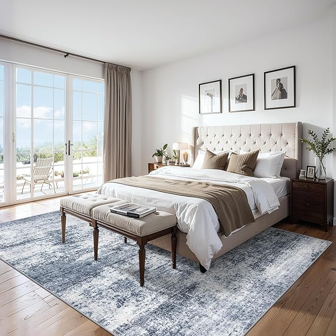 Area Rugs 9x12 Living Room - Washable Rug Modern Abstract Soft Large Neutral Non-Slip Carpet Indoor Floor Thin Carpets for Bedroom Dining Room Farmhouse Nursery Home Office Grey Blue