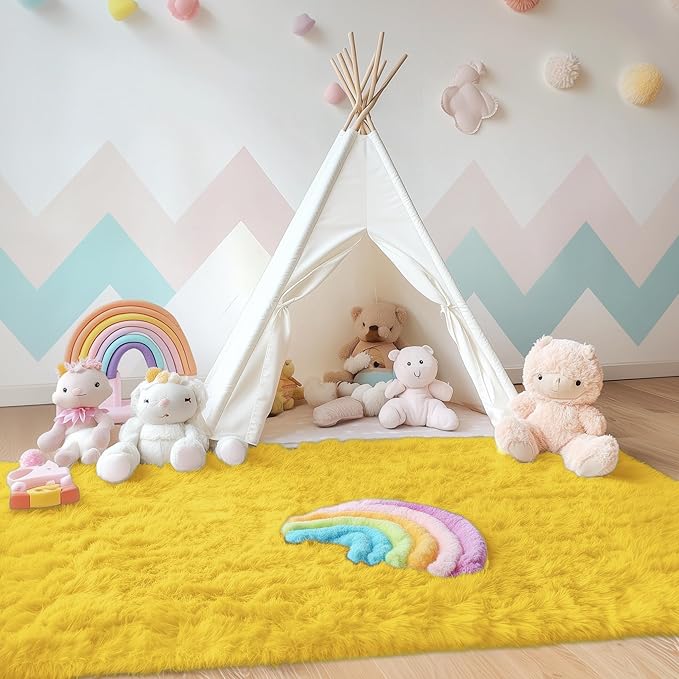 OLANLY Area Rugs for Living Room Bedroom, Machine Washable 4x5.9 ft Soft Fluffy Shaggy Bedside Rug, Indoor Floor Carpet for Kids Girls and Boys, Dorms, Nursery Rooms, Home Decor Aesthetic, Yellow