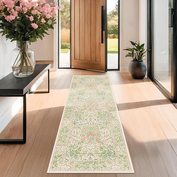Hazo Haus Non Slip Beige Green Bathroom Runner Rug - Long Runner Rugs 24 x 72 Washable Kitchen Floor Mat, Laundry Room Rug, Hallway Runner - Vintage Floral Design Décor (2x6 Beige Green)