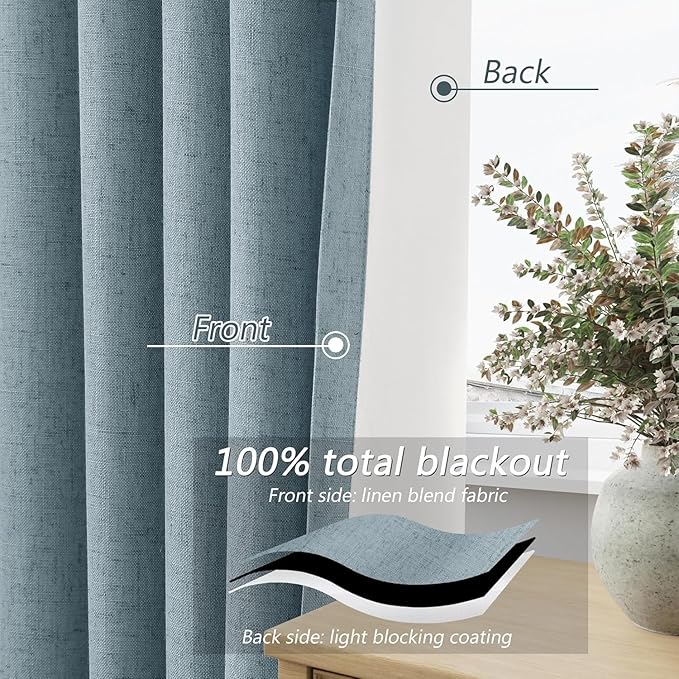 Guken Blue 100% Blackout Curtains 92 Inch Length 2 Panels Set for Living Room Bedroom Back Tab Thermal Insulated Black Out Linen Drapes Room Darkening Window Curtains 92 Inches Long Dusty Blue