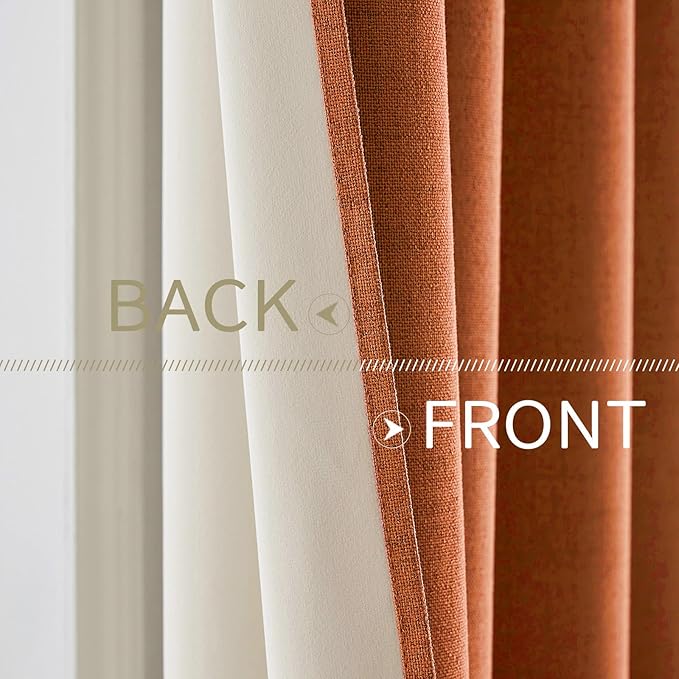 MIULEE Linen Curtains for Bedroom 100% Blackout Thermal Insulated Orange Grommet Room Darkening Curtains & Drapes Fall Decor for Living Room Nursery 52 x 90 Inch (2 Panels)