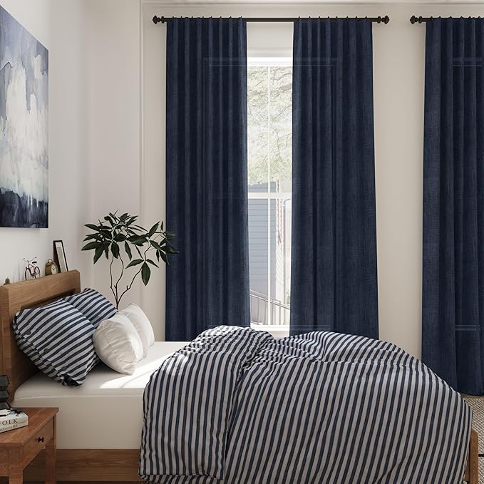 Navy Blue Linen Curtains 90 inch Length for Bedroom Boys Men Back Tab Modern Farmhouse Nautical Decor Blue Sheer Privacy Curtain Panels Set of 2 for Dining Room Indigo