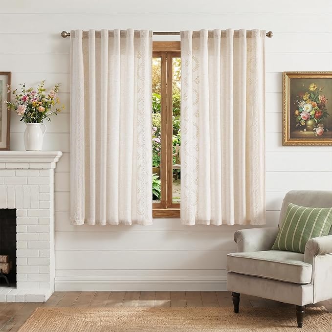 jinchan Belrose Linen Floral Cafe Curtains 54 Inch Length Embroidered Farmhouse Curtains for Kitchen Bedroom Bathroom Small Windows Curtain Set Light Filtering 2 Panels Ivory