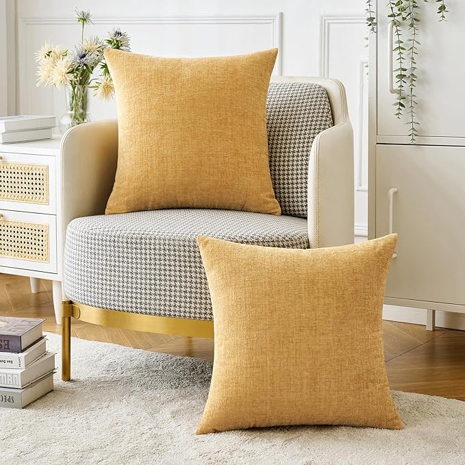 MIULEE Pack of 2 Couch Throw Pillow Covers 18x18 Inch Soft Gold Chenille Pillow Covers for Sofa Living Room Spring Home Decor Couch Solid Dyed Cases