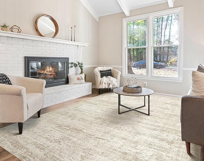 UERMEI 10x14 Area Rug Living Room Rugs - Washable Neutral Modern Abstract Soft Thin Rug Indoor Floor No Slip Rug Carpet for Bedroom Under Dining Table Home Office Decor - Beige/Brown