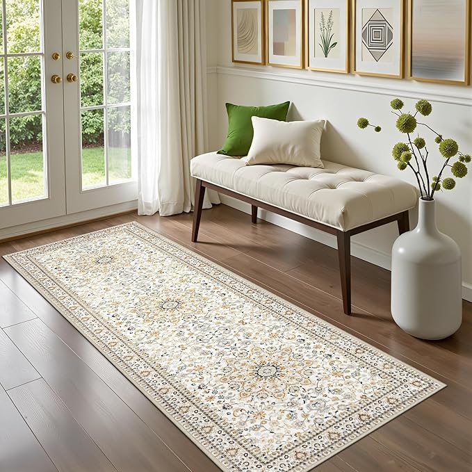 Hallway Runner Rug Non Slip - Washable 2.6x8 Kitchen Rugs for Living Room, Low-Pile Soft Bedroom Rug Indoor Floor Stain Resistant Carpets for Entryway, Laundry, Bathroom Beige