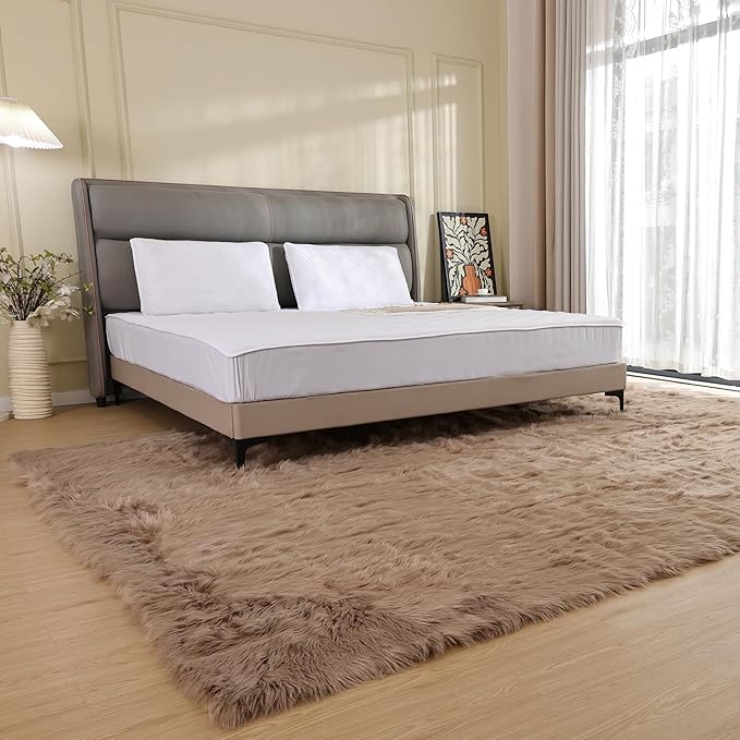 ORINOVA Fluffy Beige 8X10 Area Rug Faux Sheepskin Shaggy Fur Rug Washable for Living Room Bedroom Nursery Teen Room Home Décor