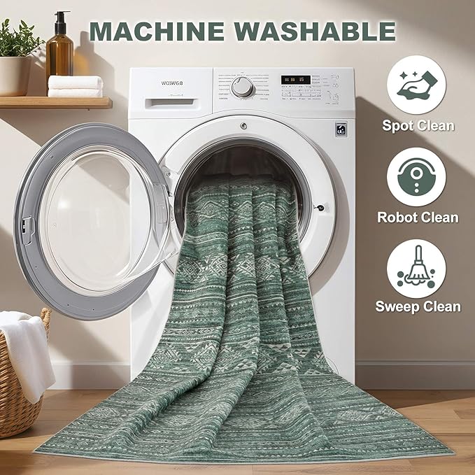 Nakagishi 6x9 Area Rugs Living Room: Washable Boho Large Neutral Soft Farmhouse Rug Stain Resistant Modern Indoor Floor Non-Slip Carpet for Bedroom Nursery Kids Playroom Office Dining Room Dorm- Green