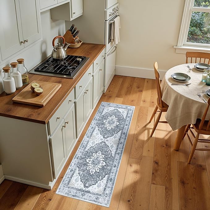 Area Rugs 2'x5' Runner Rug Non Slip Washable for Kitchen Hallway Bedroom Beside Laundry Room Bathroom Rug, Floor Carpet, Light Gray Grey White