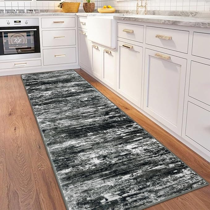 KOZYFLY 3x8 Ft Rug Modern Ombre Runner Rug for Hallway, Washable Kitchen Rugs Non-Slip Soft Striped Entryway Rug, Print Black Grey Abstract Carpet for Laundry Nursery
