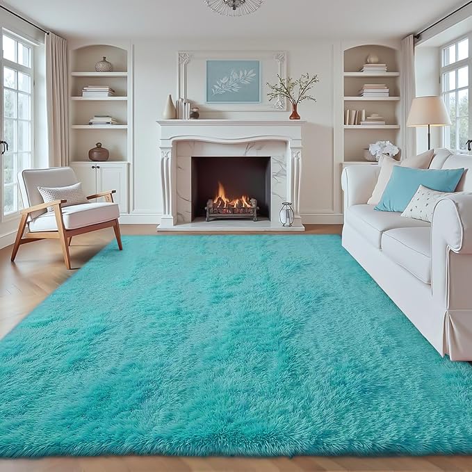 8x10 Area Rugs for Living Room: Fluffy Shag Soft Washable Rug Large Fuzzy Plush Indoor Carpet for Bedroom Nursery Playroom Kids Girls Boys Room (Teal Blue, 8'x10')