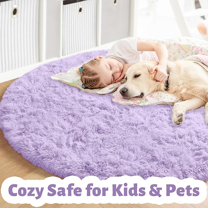 Amdrebio Light Purple Circle Round Rugs 4Ft for Girls Bedroom, Fluffy Fuzzy Area Rugs for Kids Room Decor Aesthetic, Soft Cute Furry Plush Shaggy Lavender Carpet for Living Room, Baby Nursery, Dorm