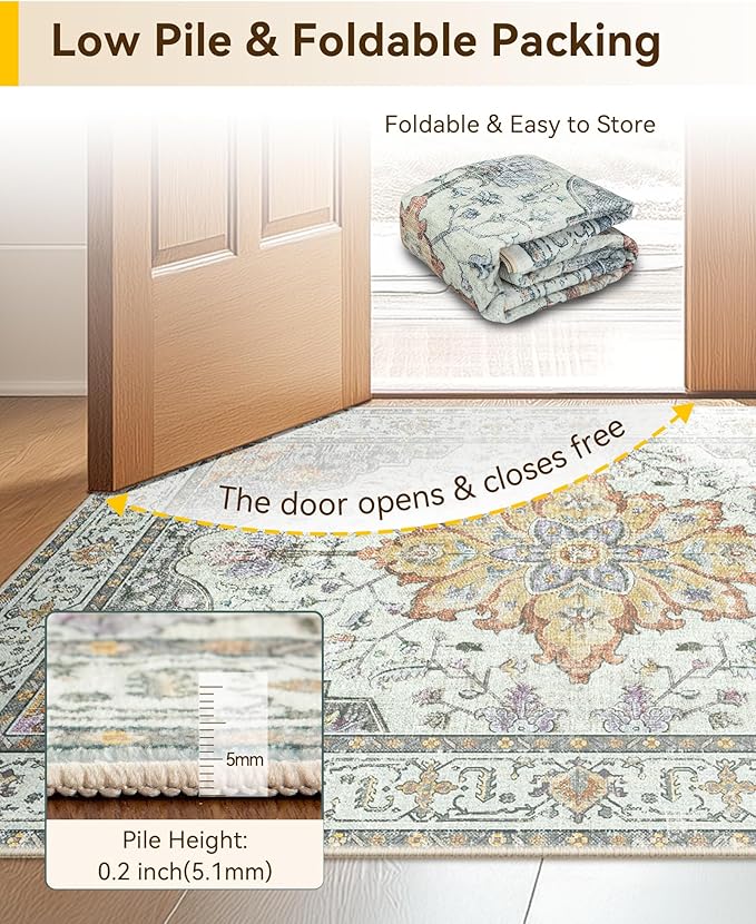 Area Rugs 8'x10' Washable Non-Slip, Floral Vintage Distress Print Pattern Medallion Carpet for Living Room Bedroom Dining Room, Light Yellow Carbon Grey Orange