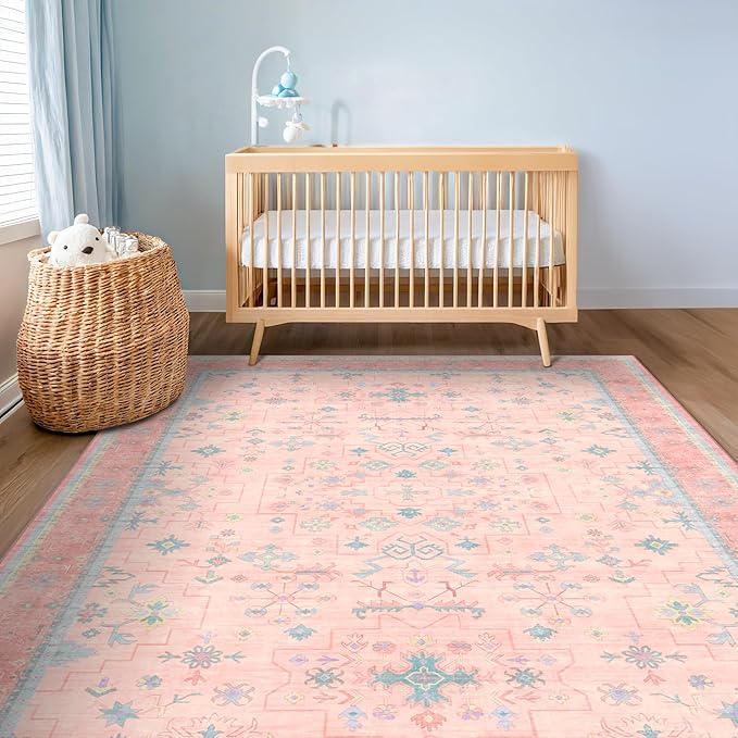Hazo Haus Pink and Blue Washable 5x8 Living Room Rugs, Boho Aethestic Oushak Vintage Area Rug for Bedroom Girls Kids Playroom Nursery Room, Non-Slip Rubber Backing Stain Resistant