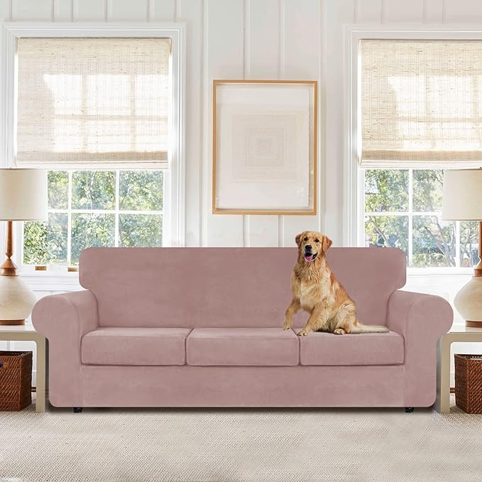 WEERRW 4 Pieces Velvet High Stretch Couch Covers for 3 Cushion Couch Sofa Slipcovers, Washable Furniture Protector with Non Slip Elastic Bottom, Feature Soft and Thick Plush Fabric, Pink, Large