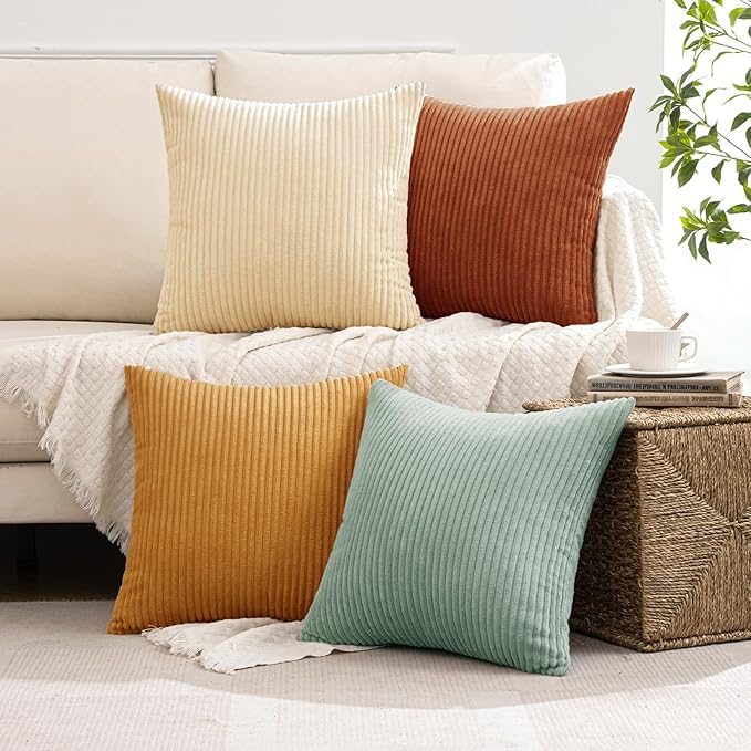 MIULEE Boho Farmhouse Throw Pillow Covers 18x18 Inch Set of 4 Summer Modern Natural Decorative Cushion Covers Soft Corduroy Home Decor for Spring Couch Bed Sofa Living Room Teal-Rust Gradient Series