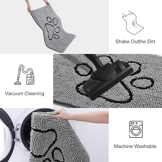 Smiry Dog Door Mat for Muddy Paws, Absorbent Dirt Trapper Non Slip Quick Dry Washable Chenille Mat for Mud Dogs, Entry Rug for Indoor and Outdoor (44x32 Inches, Grey and Black)