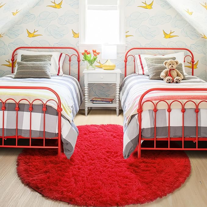 Red Round Rug 4Ft for Bedroom, Fluffy Shag Circle Area Rugs for Kids Room Decor Aesthetic, Fuzzy Plush Fur Carpets for Living Room Nursery Dorm Classroom, Red Carpet, Christmas Rugs for Teen Boys