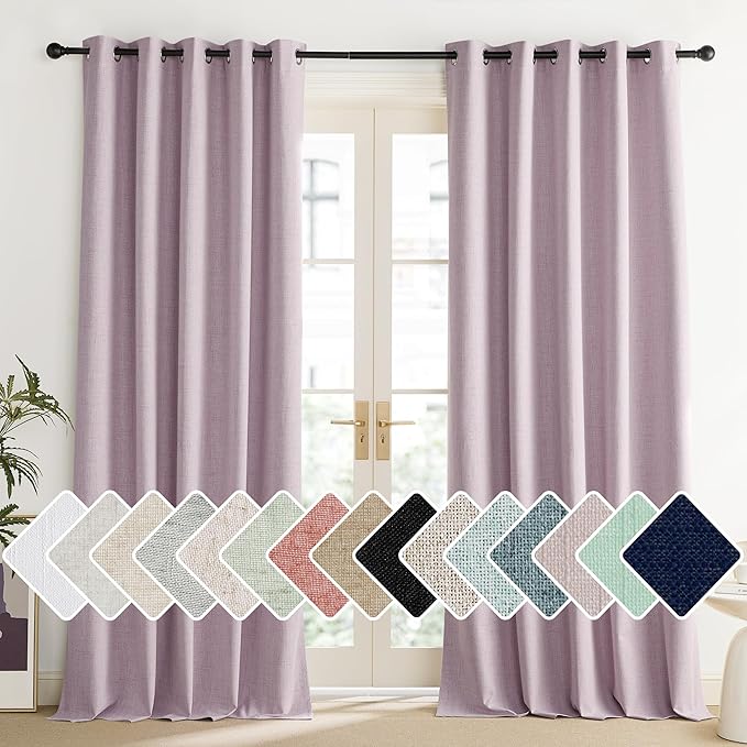 NICETOWN Pink Vintage Linen 100% Blackout Curtains for Living Room, Thermal Insulated Curtains 108“ Long, Noise Reducing Window Treatment Drapes for Home Office, 62" Wide Per Panel, Set of 2