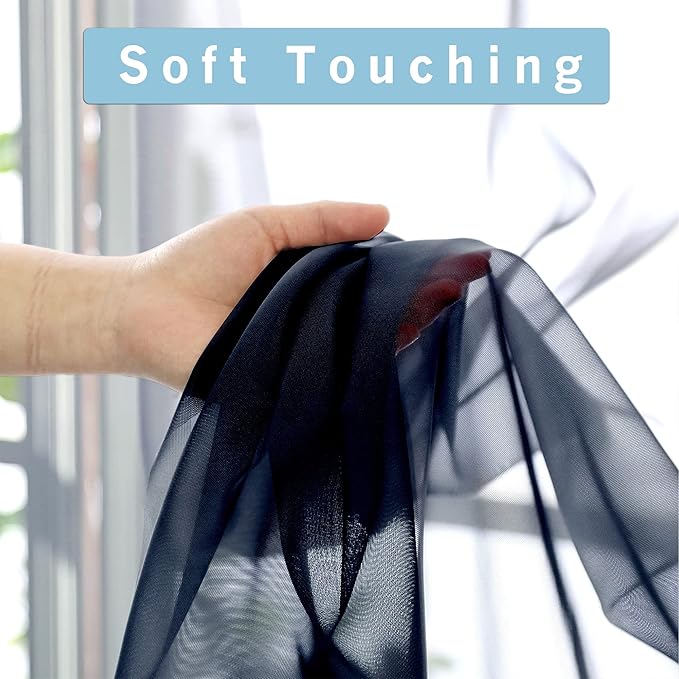 OWENIE Sheer Curtains - Navy 45" Long, Light Filtering Tiers for Kitchen, Bedroom, Basement, Short Curtains Panels Rod Pocket, Cafe Curtains for Small Window, 42" W x 45" L