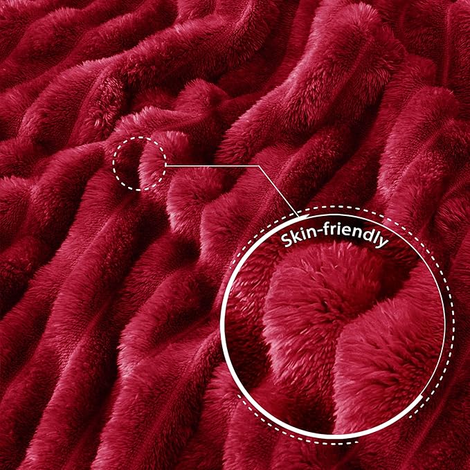Exclusivo Mezcla Fleece Throw Blanket for Couch, Super Soft Striped Jacquard Bed Blanket, Lightweight Fuzzy Cozy for All Seasons, 50x60 Inches, Deep Red