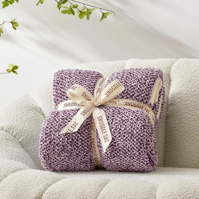 Snuggle Sac Super Soft Purple Blanket Reversible Twin Size for Bed and Sofa, Warm Cozy Knit Blankets Fuzzy Plush, Heather Purple, 60x80 inches