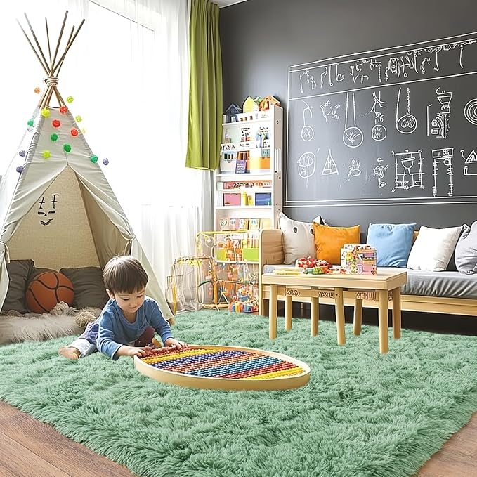 Pionblank Fluffy Large Rug for Living Room 6x9 Feet, Modern Soft Shag Area Rug, Plush Fuzzy Carpet for Bedroom Girls Boys Room Home Nursery Teens Dorm Decor, Mint Green