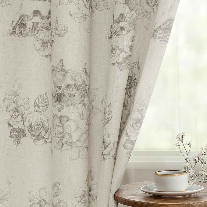 Yakamok Grey Floral Linen Curtains for Living Room 84 Inches Long,Printed Floral Curtains Farmhouse Grommet Bedroom Curtain 2 Panels