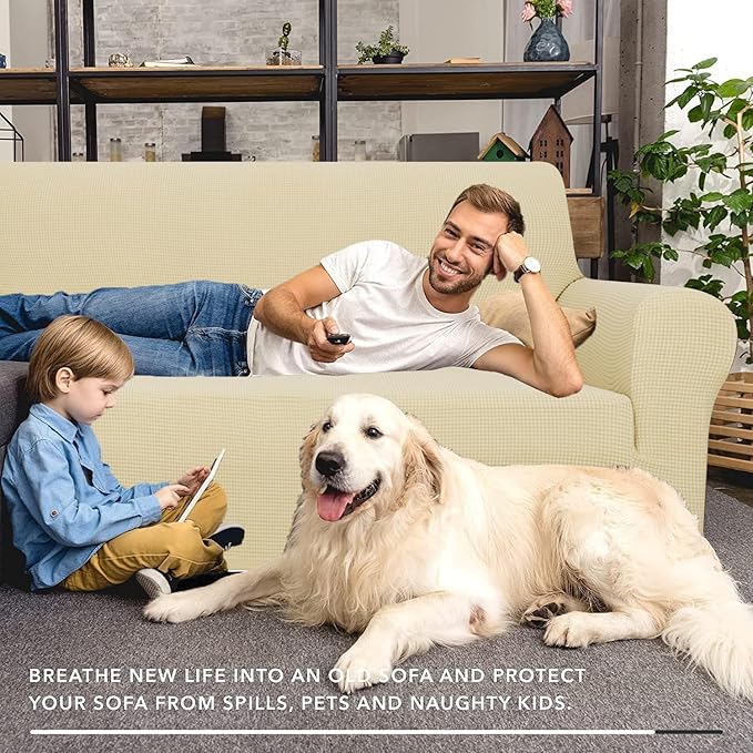 ZNSAYOTX Super Stretch Couch Cover (72"-92") Universal Sofa Covers with Elastic Bottom, Dog Cat Pets Friendly Washable Furniture Protector Fitted Sofa Slipcovers Stay in Place (Beige, Sofa)