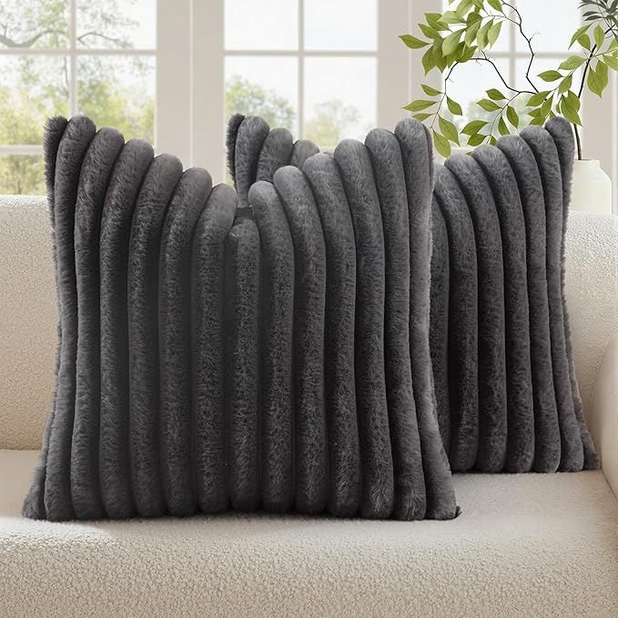 decorUhome Cozy Faux Fur Throw Pillow Covers 16x16 Set of 2 Decorative Soft Plush Striped Modern Farmhouse Boho Couch Pillow Cases with Velvet Back for Sofa Bed Living Room, Dark Grey