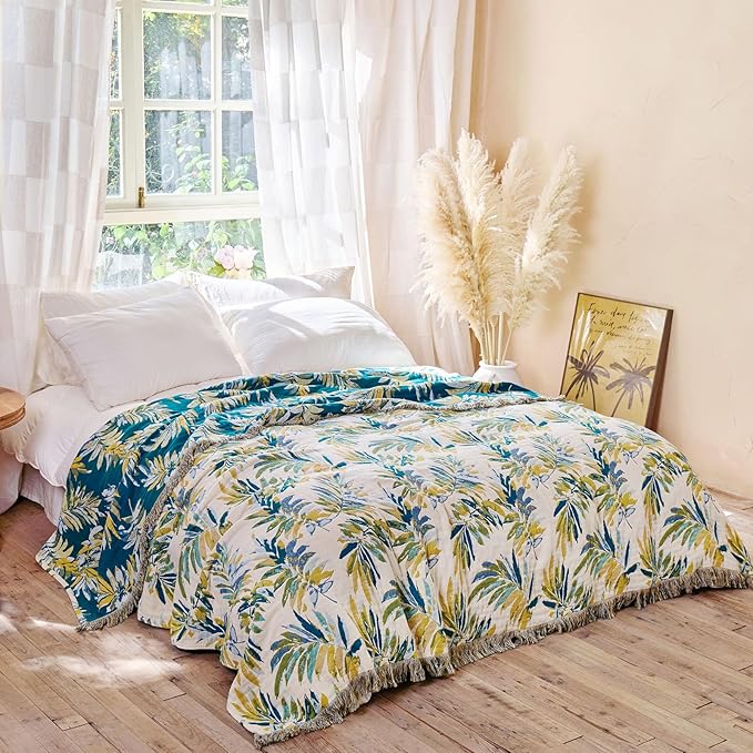 MSGKV Boho Throw Blanket for Bed Cotton 60"x80" Leaves Blanket Twin Size Couch All Seasons Muslin Spring Breathable Lightweight Farmhouse Blankets