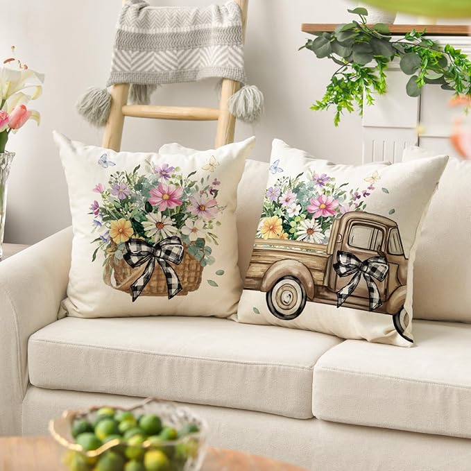 AVOIN colorlife Bless Our Home Eucalyptus Leaves Throw Pillow Covers, 18 x 18 Inch Spring Truck Cushion Case for Home Sofa Couch Set of 4
