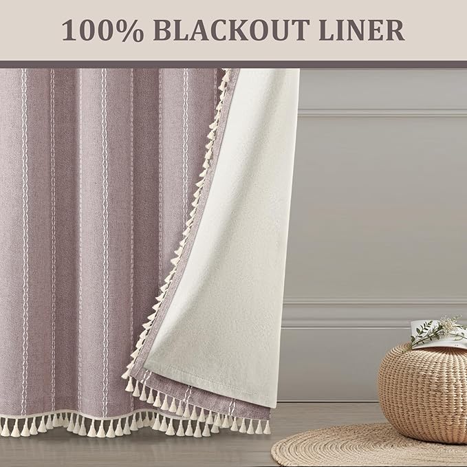 Purple Boho Blackout Curtains 2 Panels 84 Inch for Living Room Bedroom, Purple Linen Texture Farmhouse Curtains with Tassels and White Cotton Embroidery Vintage Rustic Country Western