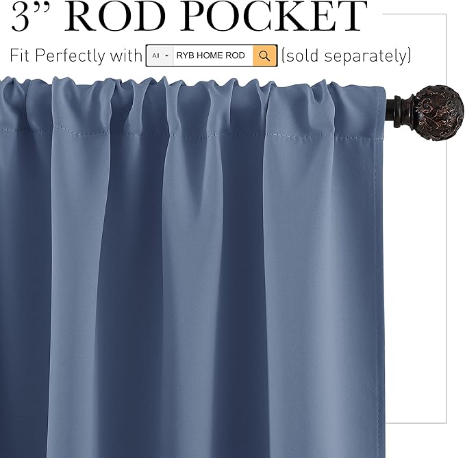 RYB HOME Blackout Curtains for Bedroom Living Room 72 inches Long, Thermal Insulated Privacy Rod Pocket Drapes for Nursery Office Home Theater, Width 42 by Length 72, Stone Blue, 2 Panels